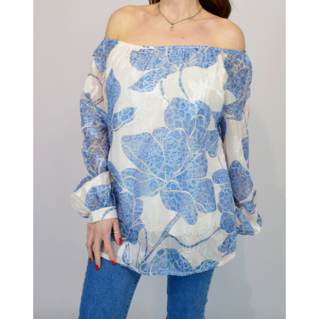 Denim Metallic Shimmer Flower Bardot Top