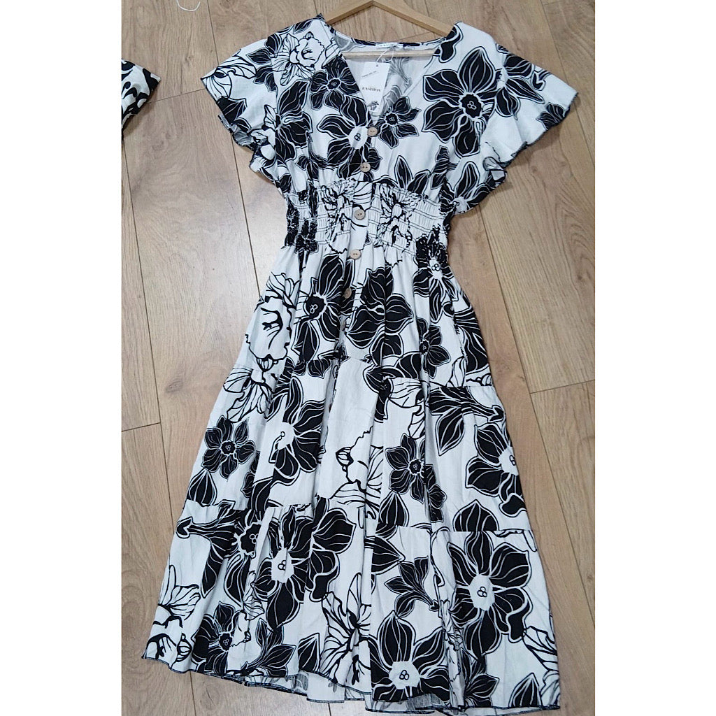 Angel Sleeve V-Neck Midi Dress with Pockets | Black Bold Floral Print