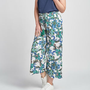 Blue, Green & White Abstract Printed Crinkle Culotte By Pinns