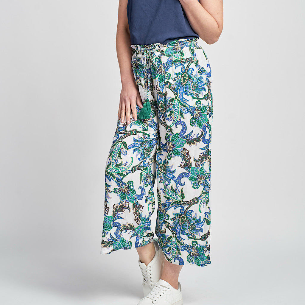 Blue, Green & White Abstract Printed Crinkle Culotte By Pinns