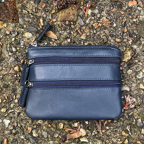 Navy Soft Leather 3 Zip Coin Purse By Zen