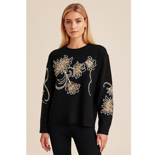 Black Embroidered Sequin Detail Soft Knit Jumper (on model)