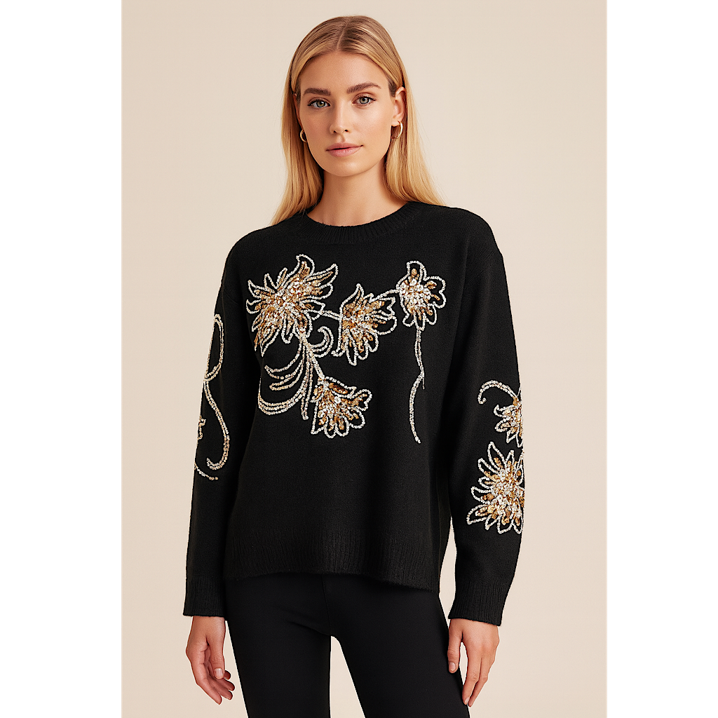 Black Embroidered Sequin Detail Soft Knit Jumper (on model)