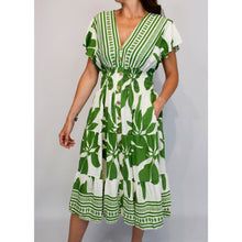 Load image into Gallery viewer, Angel Sleeve V-Neck Midi Dress with Pockets | Green Bold Leaf Print

