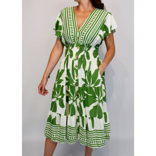 Angel Sleeve V-Neck Midi Dress with Pockets | Green Bold Leaf Print