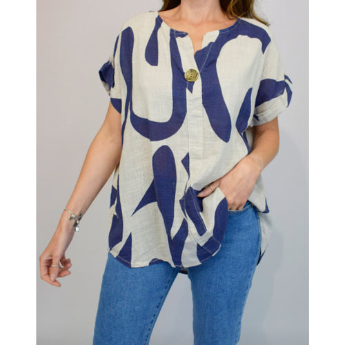 Stone & Navy Abstract Print with Button Detail Top