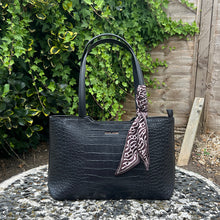 Load image into Gallery viewer, David Jones Croc-Effect Double Compartment Shoulder Tote with Scarf (black)
