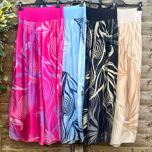 Abstract Wave Print Wide Leg Silk Trousers with Side Slits