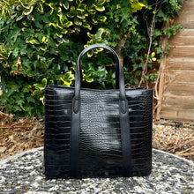 Load image into Gallery viewer, Black Patent Faux Croc Tote Bag (back)
