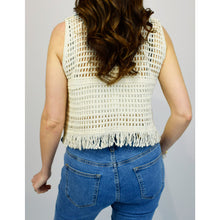Load image into Gallery viewer, Blue &amp; Stone Tassel Hem Coloured Crochet Vest (back)
