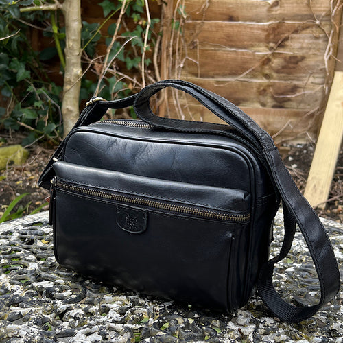 Black 'Ash' Leather Messenger Bag (front)
