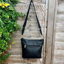 Load image into Gallery viewer, Black Front Zip Pocket Messenger Style Bag (back)

