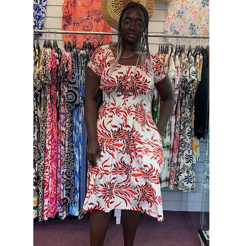 Bardot Midi Dress with Pockets | Red Aztec Leaf Print