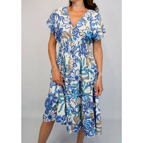 Angel Sleeve V-Neck Midi Dress with Pockets | Blue Floral