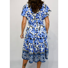 Load image into Gallery viewer, Angel Sleeve V-Neck Midi Dress with Pockets | Blue Floral Border Print (back)
