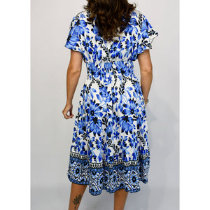 Angel Sleeve V-Neck Midi Dress with Pockets | Blue Floral Border Print (back)