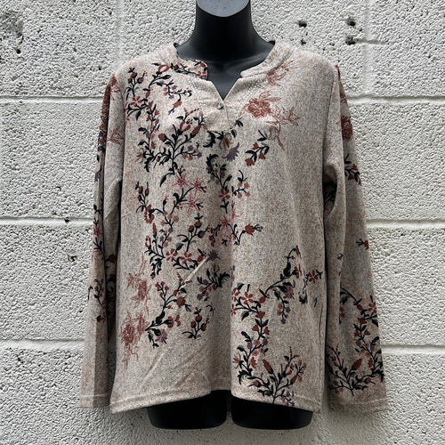 Autumn Blossom Embroidered Effect Henley Top
