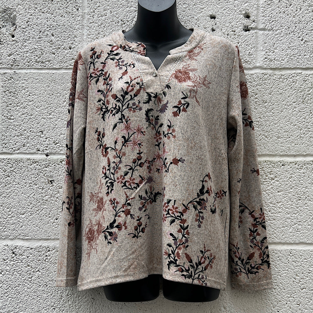 Autumn Blossom Embroidered Effect Henley Top