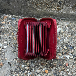 Red Leather Zip Round Credit Card Holder (open)