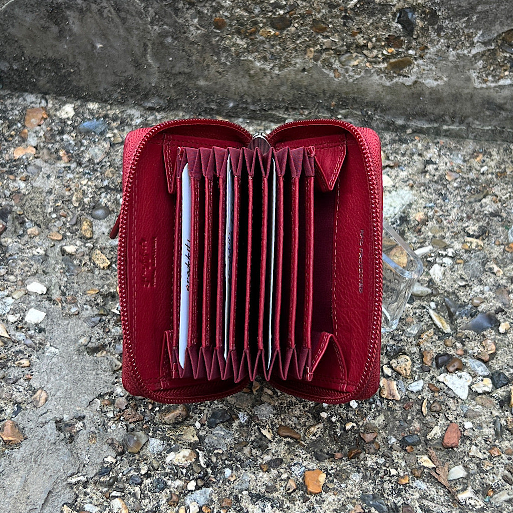 Red Leather Zip Round Credit Card Holder (open)