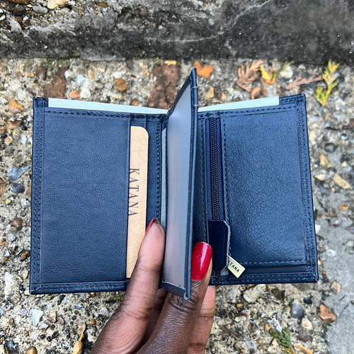 Small Marine (aka Navy) Italian Leather Card & Coin Holder| 4 Card Slots (open)