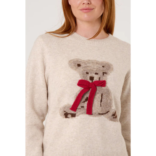 Stone Bow Teddy Bear Soft Knit Jumper (close up)