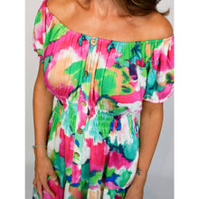 Load image into Gallery viewer, Bardot Midi Dress with Pockets | Green Vibrant Colour Mix (close up)
