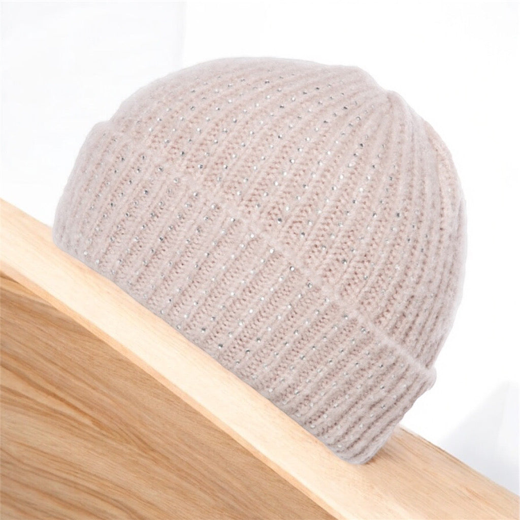 Pale Pink Ribbed Beanie with Rhinestone