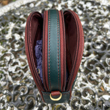 Load image into Gallery viewer, Dark Green &amp; Tan Leather &#39;Poppy&#39; Oval Shaped Twin Zip Top Crossbody Bag (open)
