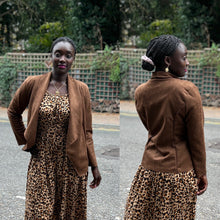 Load image into Gallery viewer, Chocolate Suedette Waterfall Drape Front Jacket (on model)
