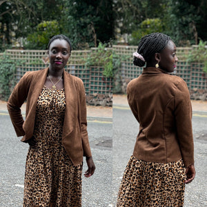 Chocolate Suedette Waterfall Drape Front Jacket (on model)
