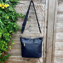 Load image into Gallery viewer, Navy Front Zip Pocket Messenger Style Bag (back)
