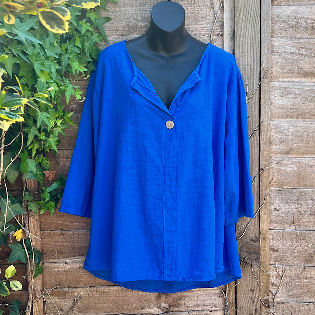 Plain Royal Blue V-Neck Cotton Top with Button Detail