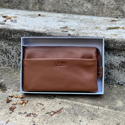 Camel Luxe Triple-Compartment Leather Crossbody Bag