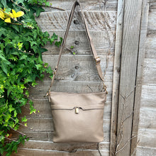 Load image into Gallery viewer, Taupe Front Zip Pocket Messenger Style Bag (hanging)
