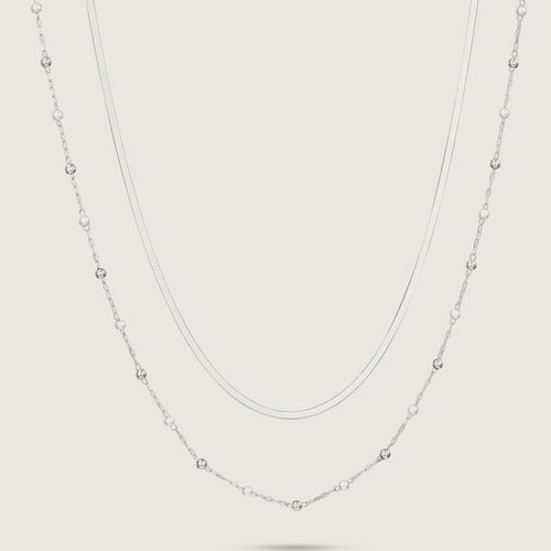 Delicate White Gold Double Strand Stainless Steel Necklace with Faux Pearl (close up)