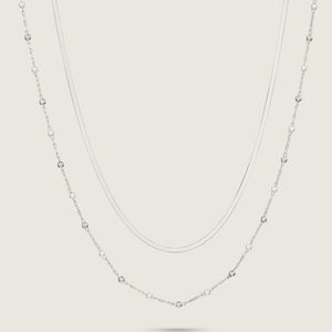 Delicate White Gold Double Strand Stainless Steel Necklace with Faux Pearl (close up)