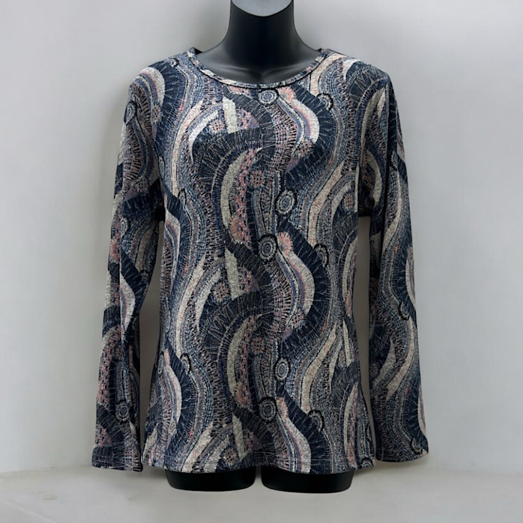 Navy “Midnight Mosaic” Abstract Print Long-Sleeve Top