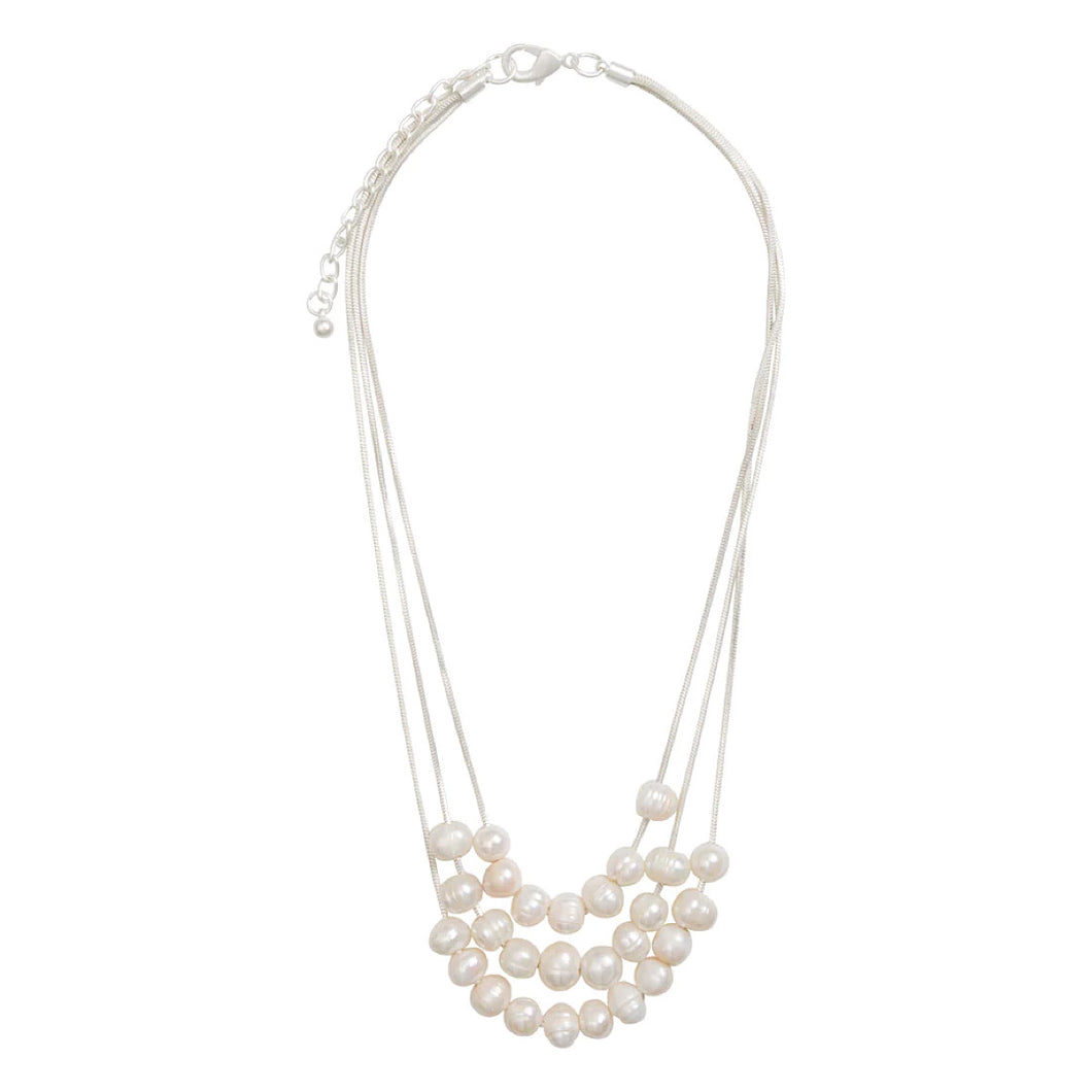 Matt Silver Cream Multi Row Fresh Water Pearls Necklace