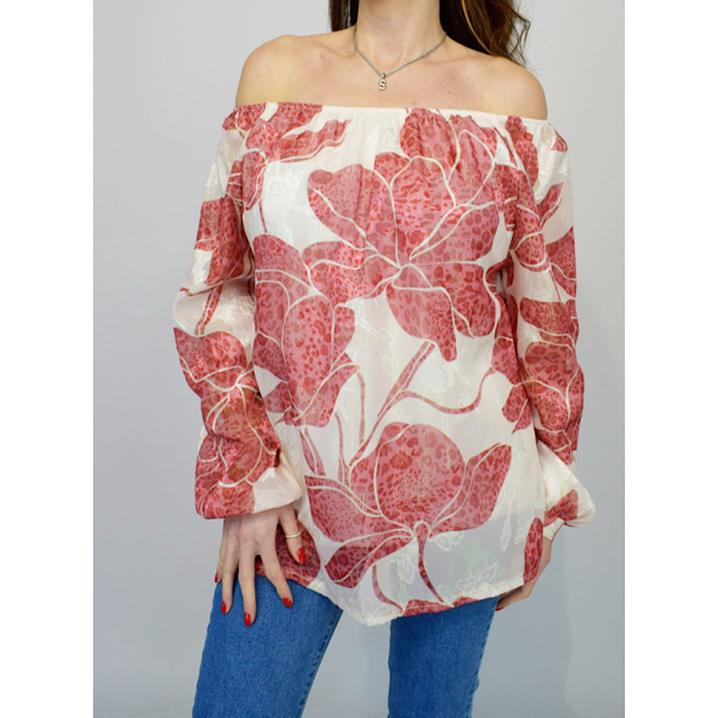 Coral Metallic Shimmer Flower Bardot Top