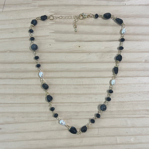 Black Semi-Precious Stone & Beaded Short Necklace