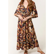 Load image into Gallery viewer, Chocolate Retro Geometric Shirred Maxi Dress

