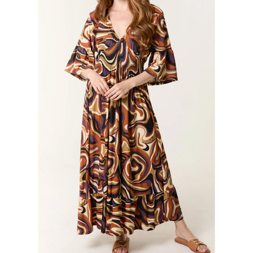 Chocolate Retro Geometric Shirred Maxi Dress