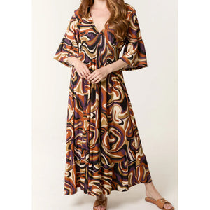 Chocolate Retro Geometric Shirred Maxi Dress