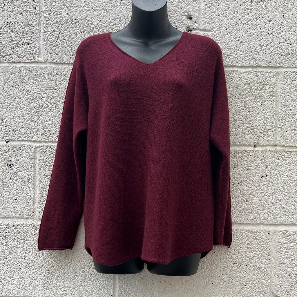Burgundy Basic Soft Knit V-Neck Jumper