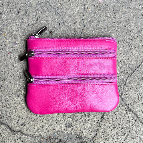 Pink Soft Leather 3 Zip Coin Purse