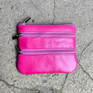 Pink Soft Leather 3 Zip Coin Purse
