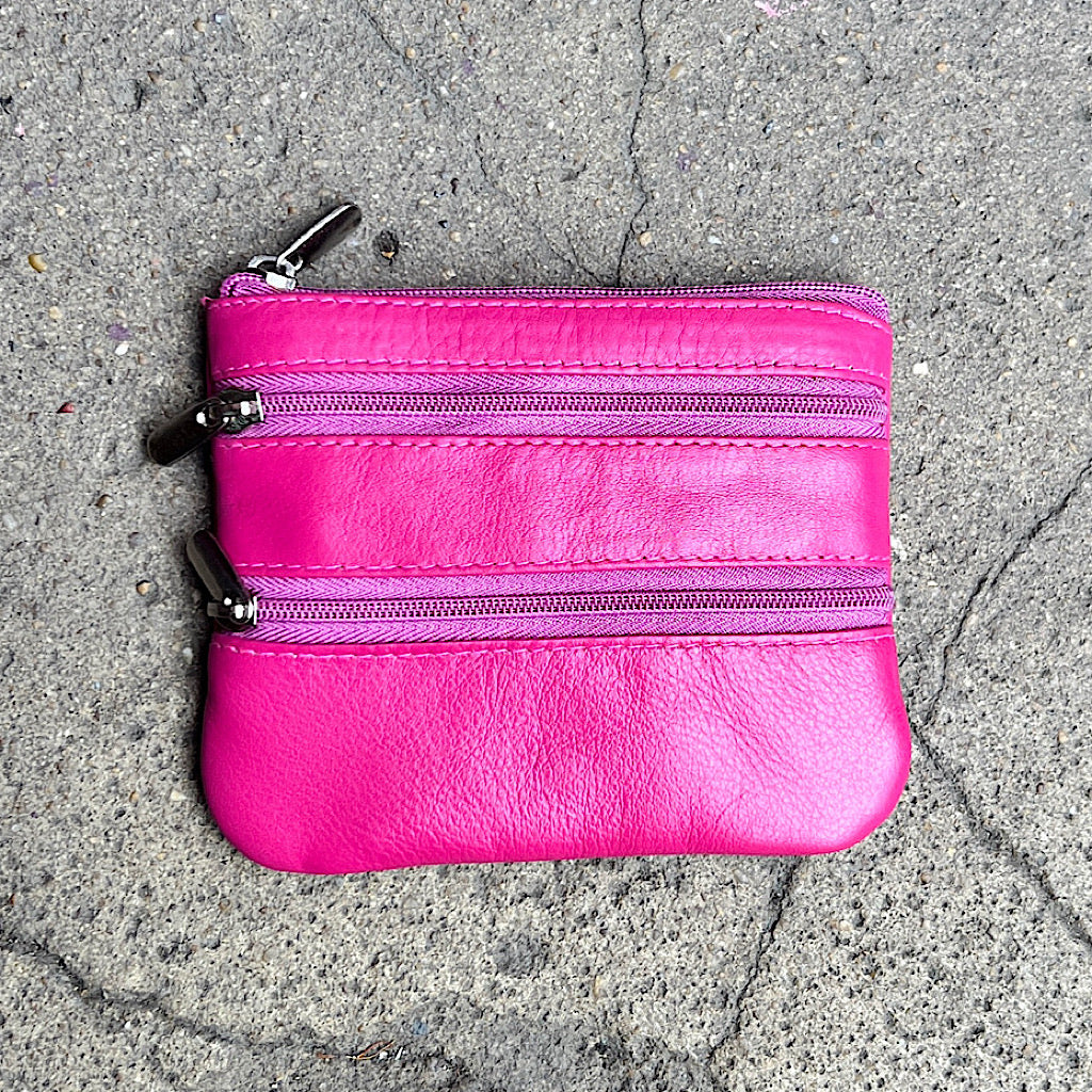 Pink Soft Leather 3 Zip Coin Purse