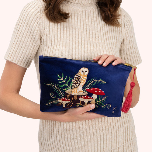 Woodland Owl Large Velvet Zip Pouch (held)