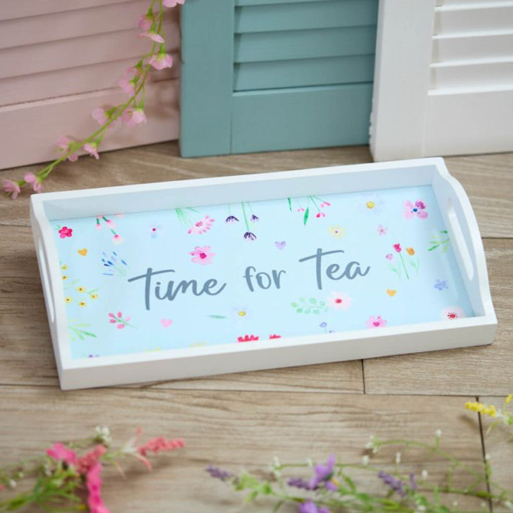 Pretty Floral 'Time For Tea' Wood Varnished Tray